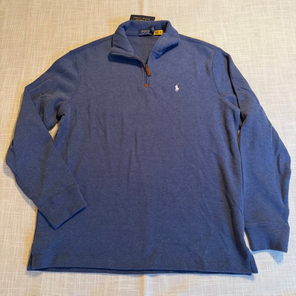 Polo Ralph Lauren Mens Blue Heather Cotton Quarter Zip Pullover Sweater Large